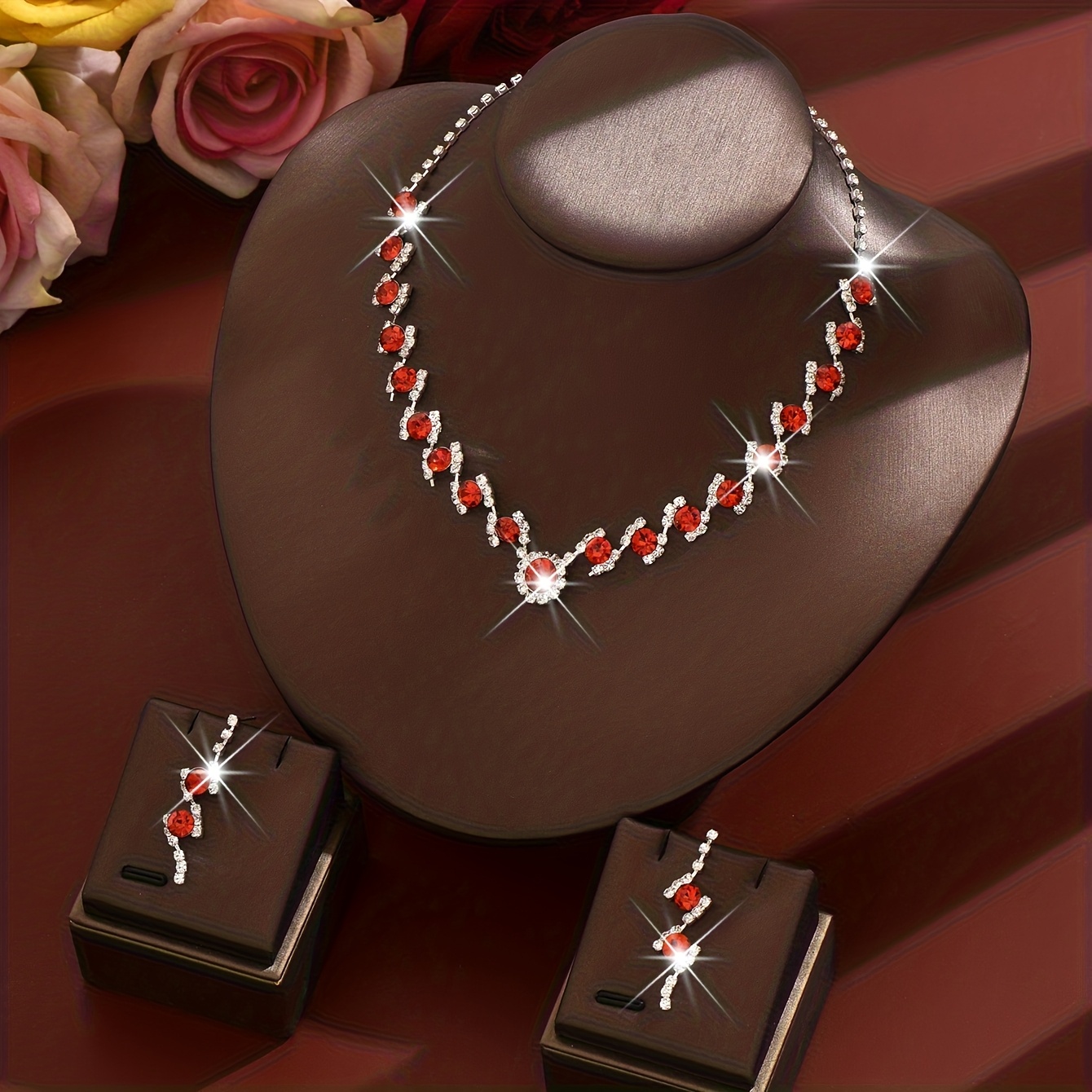 Image of Luxury Rhinestone Jewelry 2pcs Set, Necklace And Earrings Combo, Party Bridal Gown Accessories