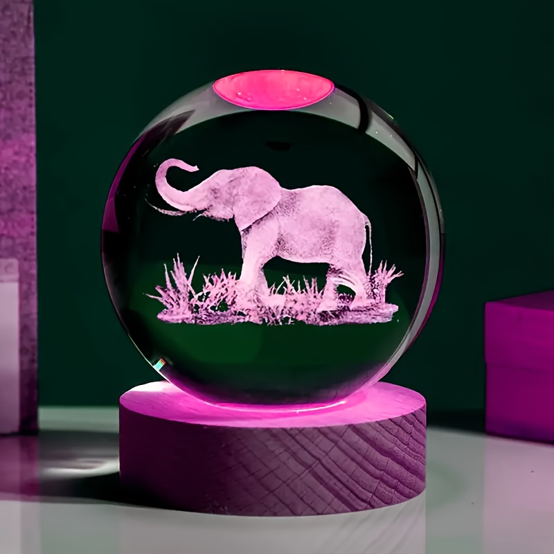 

1pc Elephant 3d Laser Engraved Crystal Ball With Led Lamp Base, Living Room Bedroom Home Decoration Decorative Glass Ball Night Light