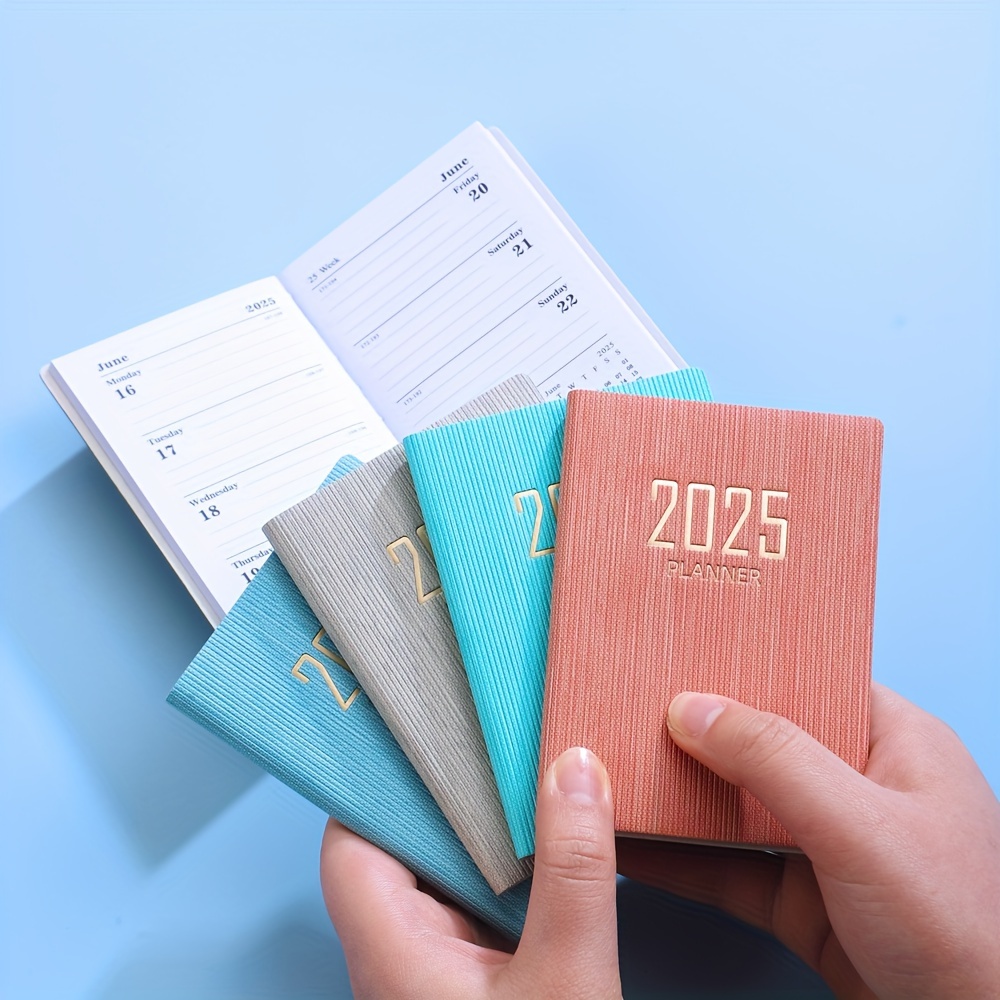 

2025 Pocket Planner A7 Size, 365 Days Daily Planning Notebook, English Mini Portable Pocket Schedule With 60 Sheets/120 Pages, Pu Leather Cover, For Adults