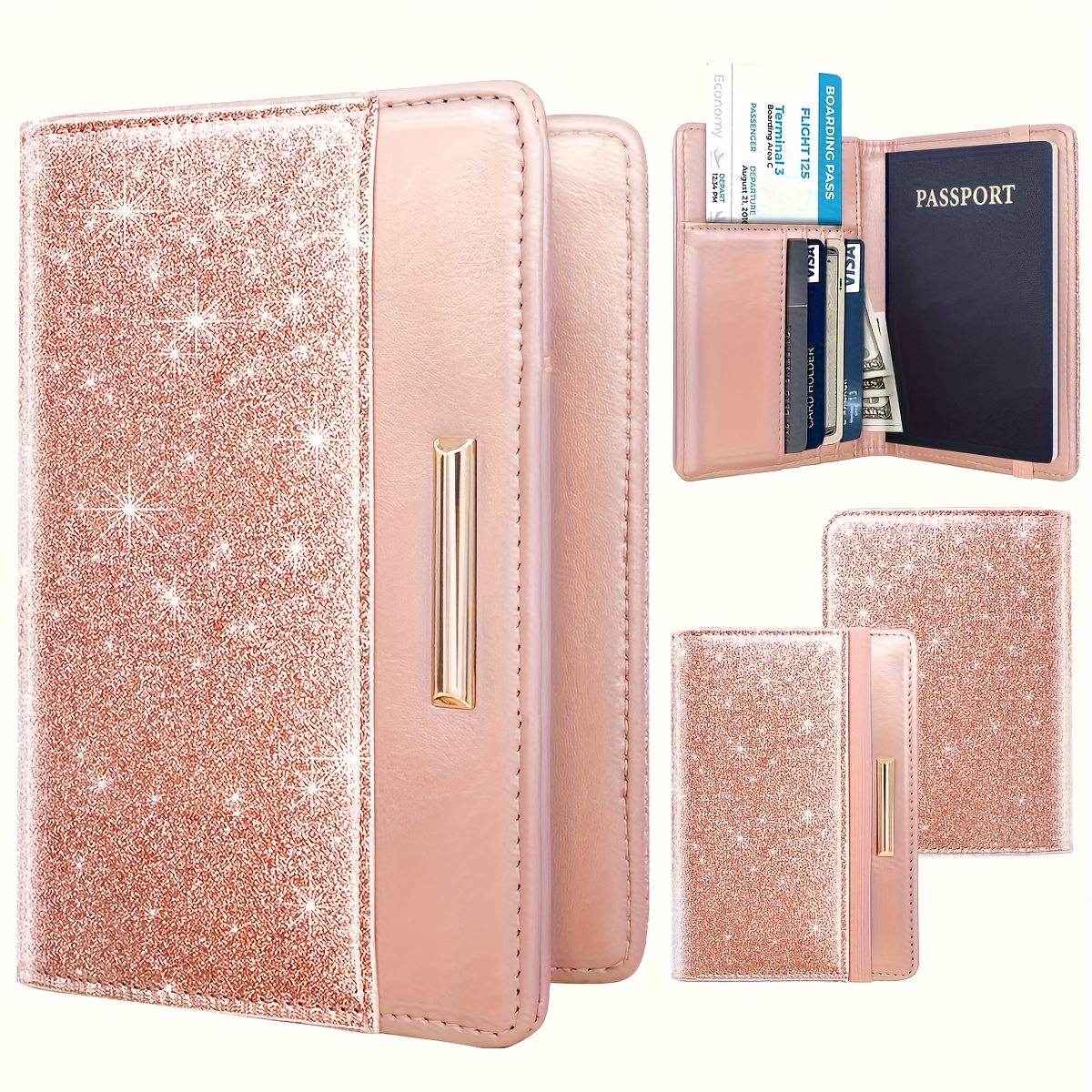 Image of Passport Holder Cover Travel Rfid Blocking Passport Cover Rose Golden Cute Flowers Passport Wallet With Elastic Band For Women