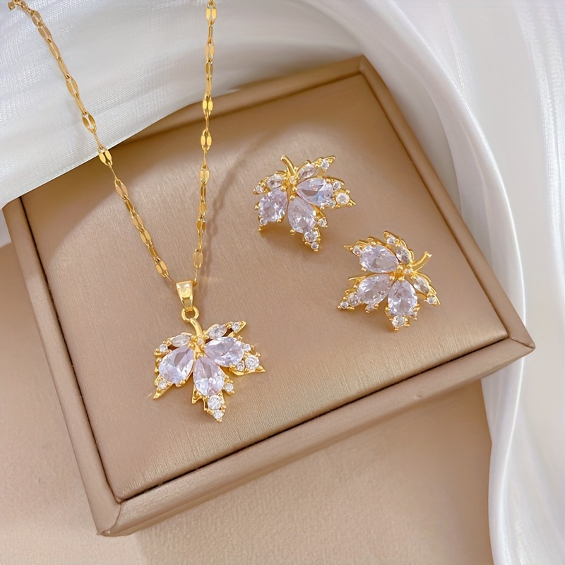 3pcs elegant fashion cubic synthetic zirconia maple leaf - Temu