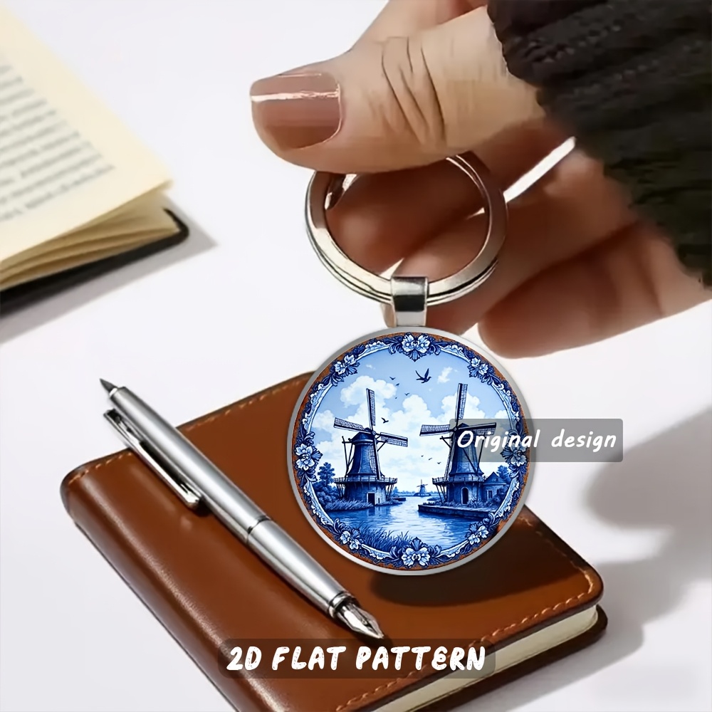 TEMU 2d Flat, 1pc Durable Metal Keychain, Tile - Intricate Village Scene With Birds & Trees - , Home Decor Enthusiasts, Mother's Day & Father's Day