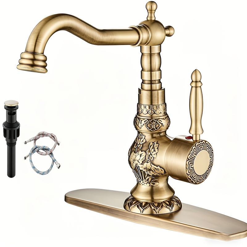 Antique Brass Swivel Spout Bathroom Faucet - 360° Mixer Tap with Pop-Up Drain