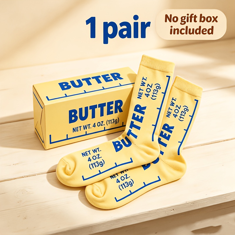 TEMU 1 Pair Of Fun Butter-themed Mid-calf Socks, Available In Multiple Colors, Unisex, Comfortable And Casual, Sizes 39-42, No Gift Box