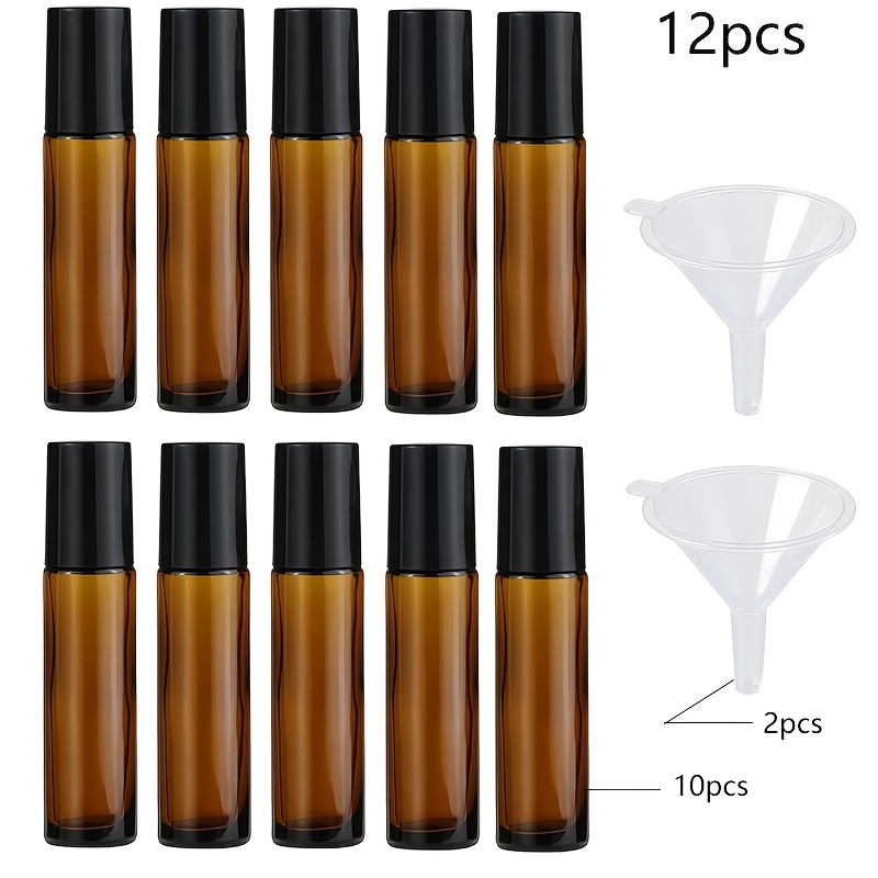 TEMU 12pcs Of 10ml Essential Oil Ball Bottle Set - Including 10 Amber Glass Ball Bottles 2 Plastic Funnels, With Stainless Steel Balls And Caps, Sub