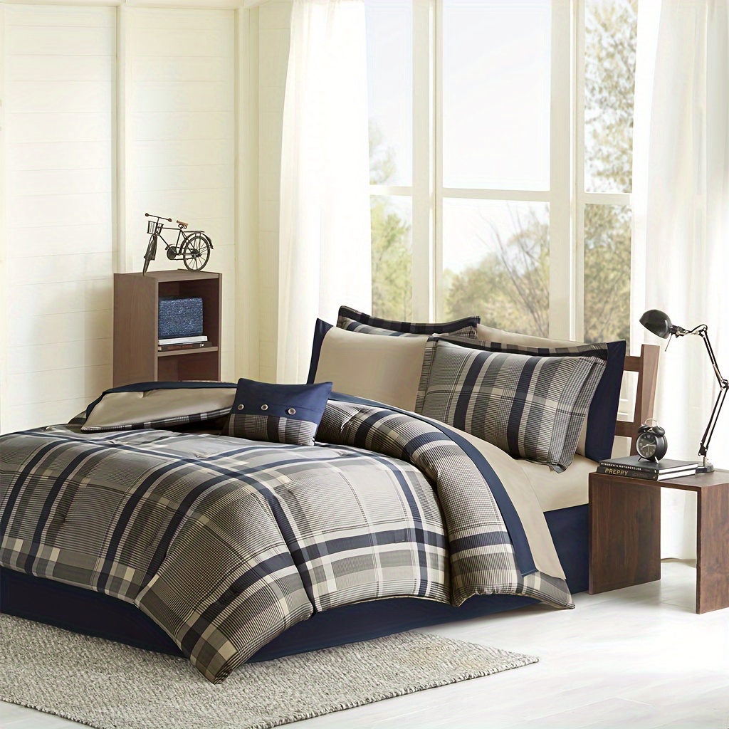 Plaid Comforter Set With Bed Sheets, Plaid Printed Design ...