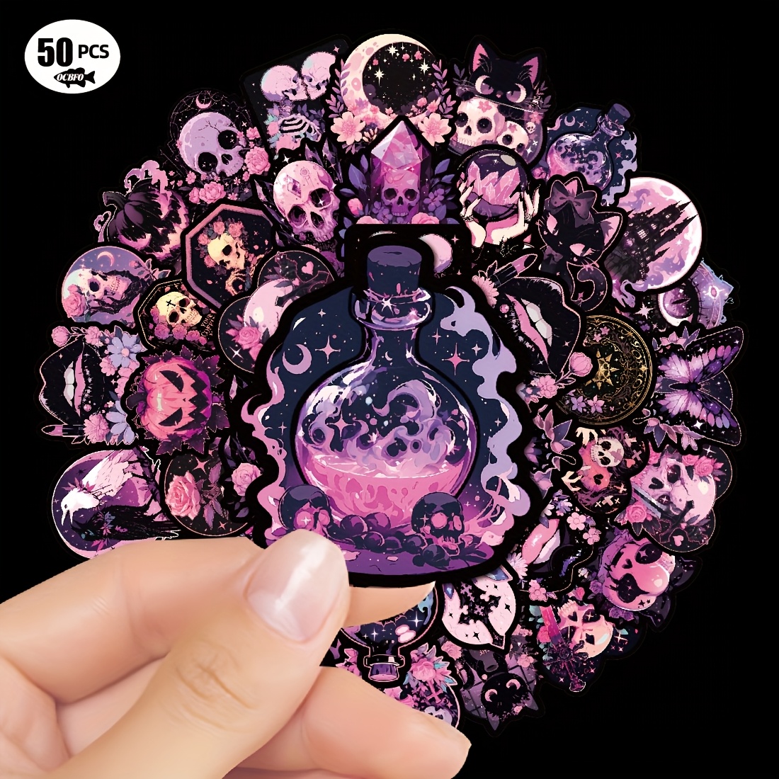 Halloween Doodle Stickers, Purple Gothic Magic, 50 Sheets, Phone Case, Luggage, Journal, Motorcycle, Car, Laptop, Phone, Refrigerator Stickers