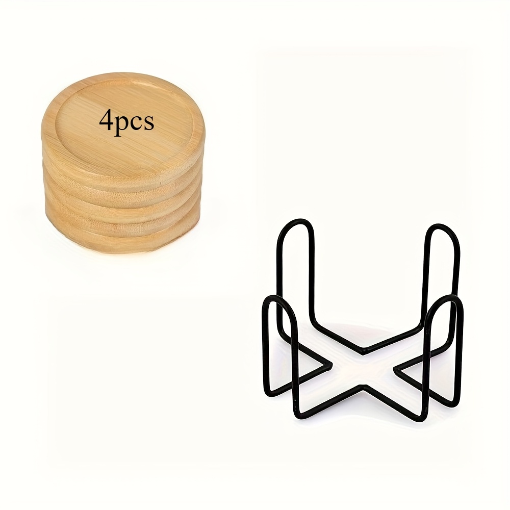 Image of Set Of 4 Wooden Round Coasters With Iron Cup Holders For Drinks, Providing Protection For Any Type Of Table, Suitable For Bars, Kitchens, Homes, Flats