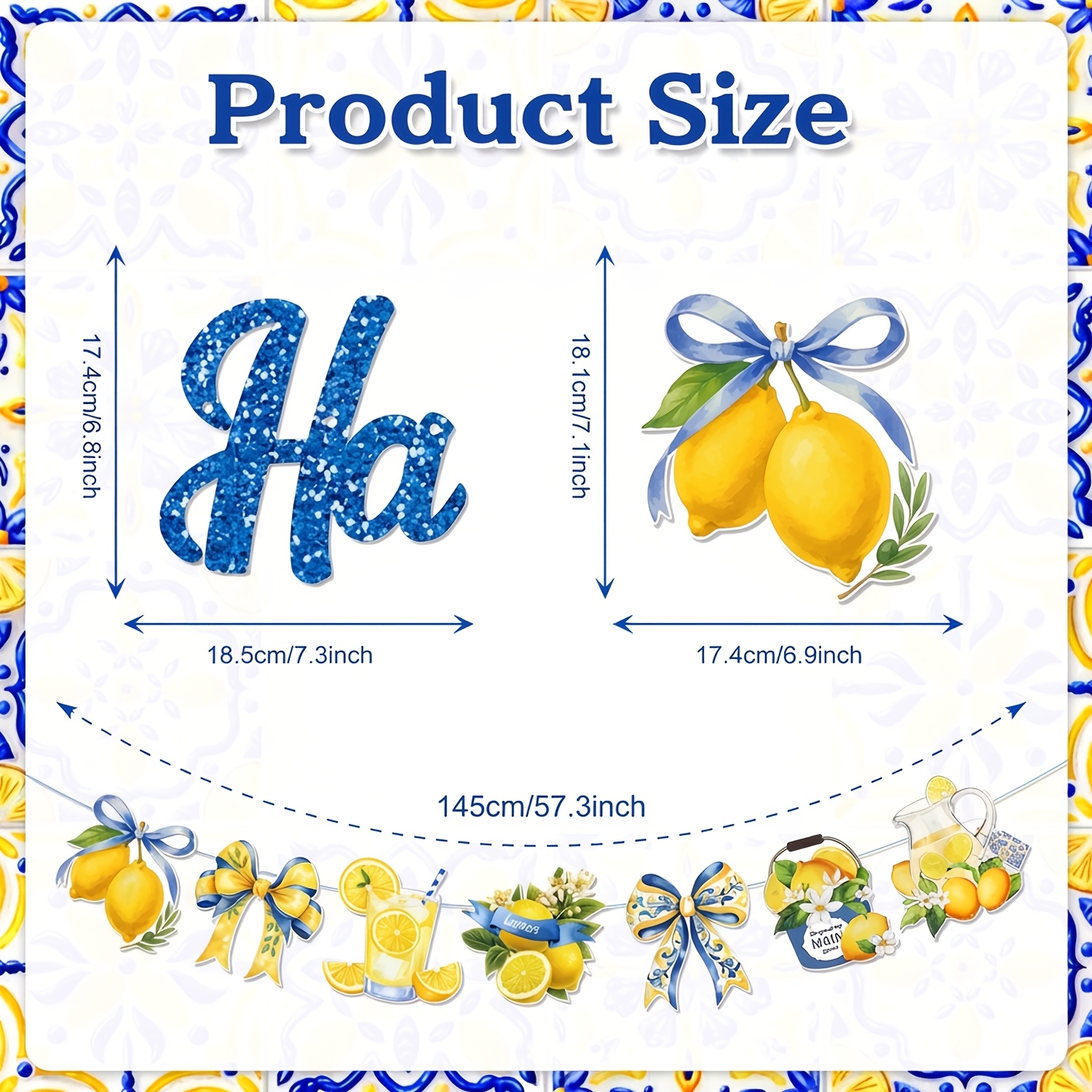 Image of Lemon-themed Happy Birthday Banner Set, Blue Glitter Lemon Bow Cutout Banners For Summer Birthday Party (no Extra Additions Included)