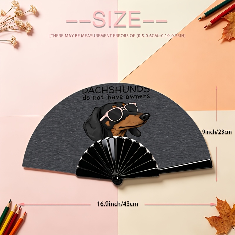 TEMU [23cm Folding Fan] 1pc Lightweight And Portable Plastic Folding Fan With A Fun Dachshund Wearing Fashion Glasses Print, A Must-have For Summer