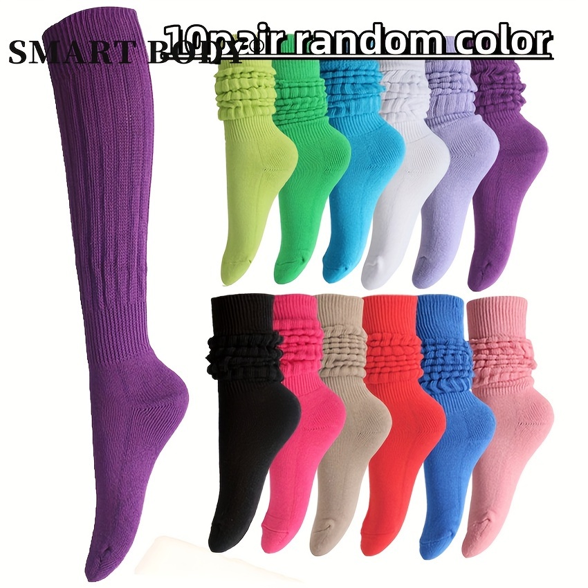 

10pcs Slouch Socks - Comfy & Breathable Mid-calf Athletic Socks With Towel Bottom, Moisture-wicking Nylon, Machine Washable - Vibrant Colors For All , Cute Socks