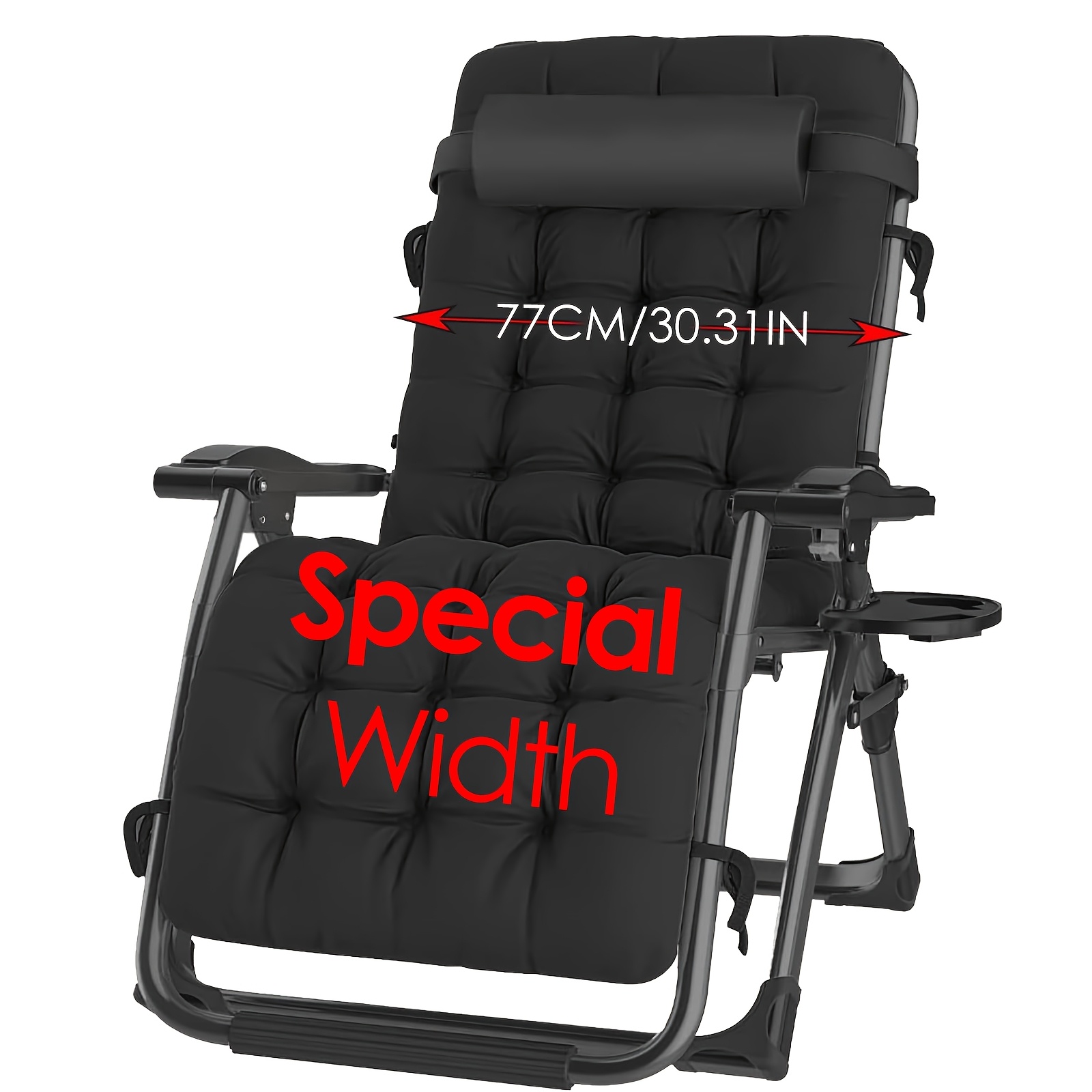 Folding Sun Lounger With Adjustable Padded, Removable Headrest, Drink Holder, For Patio, Garden, Beach, Pool - , 77cm Extra Wide
