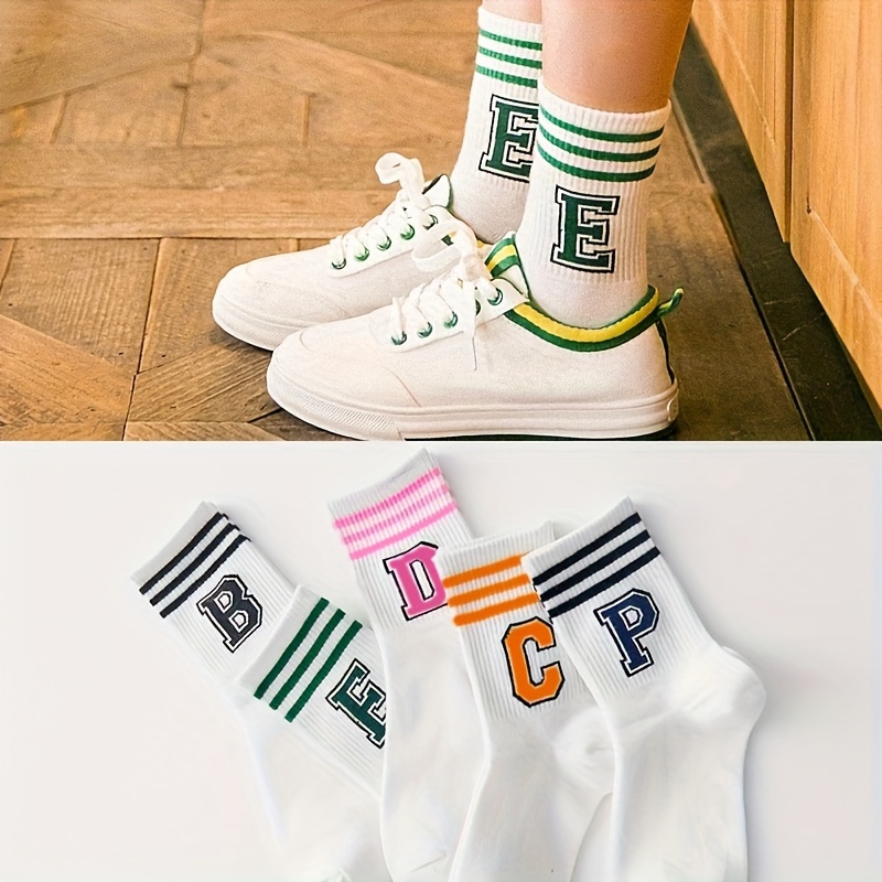 

5 Pairs Letter & Striped Socks, Comfy & Breathable Mid Tube Socks, Women's Stockings & Hosiery