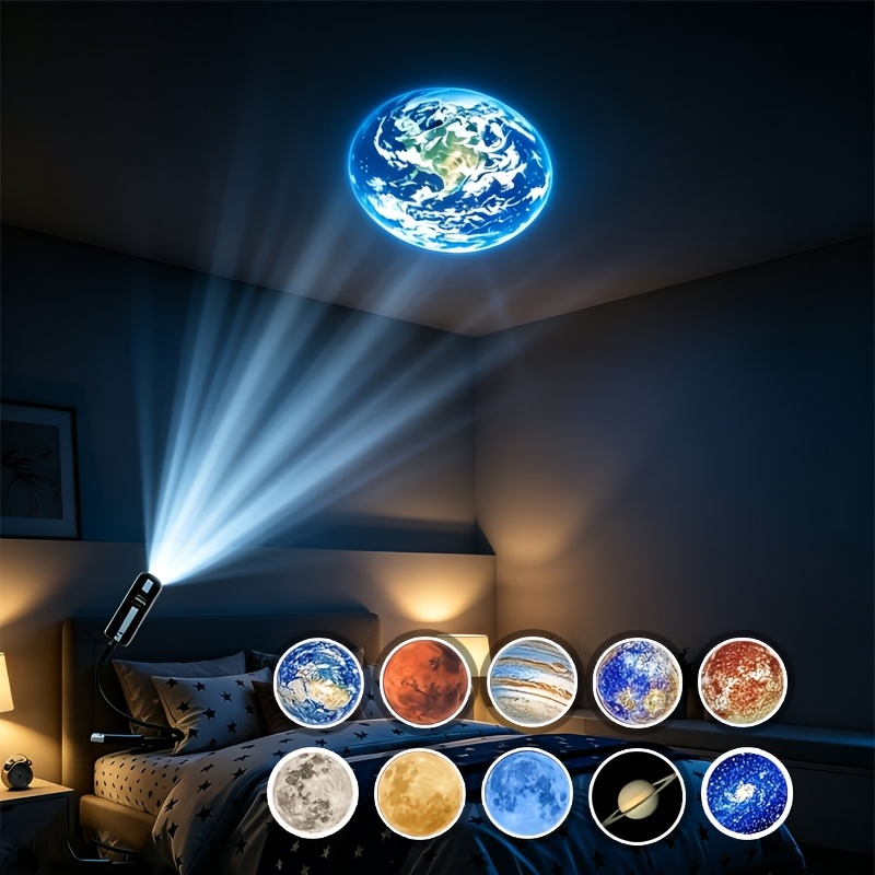 TEMU 1 pz Lampada Proiettore Luna Pianeta con 10 Intercambiabili, Pioggia di , Alimentazione USB da Soffitto a 360簞 Gancio Flessibile per Camera da