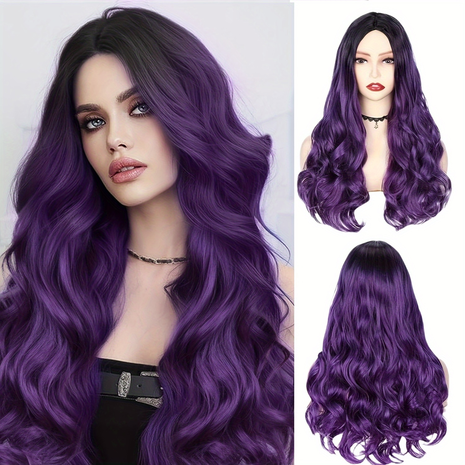 26 inch middle part long body wave wigs soft ombre purple natural