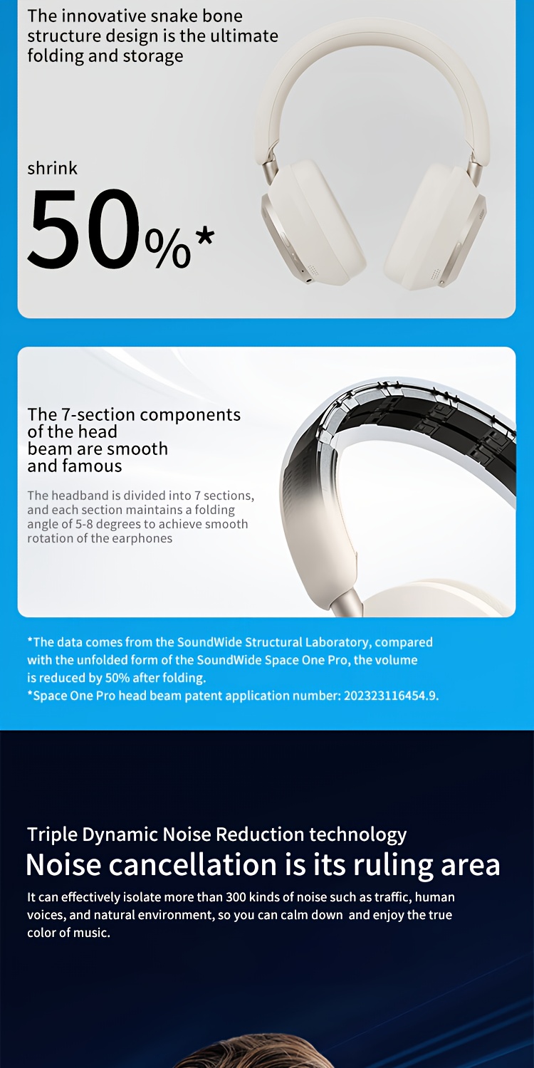 Soundcore by Anke Space One Pro Draadloze Over-Ear Koptelefoon | Actieve Ruisonderdrukking, Hi-Res Dubbel Gouden Hoge Geluidskwaliteit, Opvouwbaar, Ultra-Lange Batterijduur, Geschikt voor Apple, Huawei, Xiaomi Mobiele Telefoons en Computers