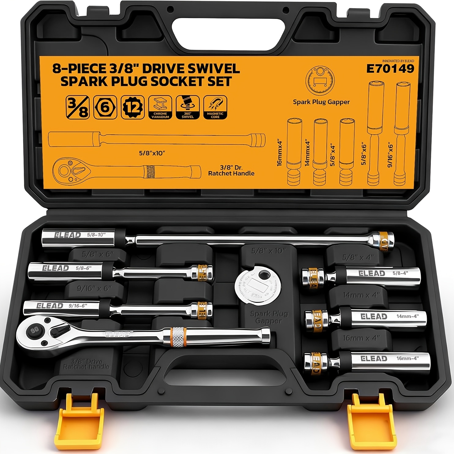 TEMU Elead 8pcs Set Of Magnetic Swivel Spark Plug Sockets With A 3/8" Drive, Including Sizes 5/8", 9/16", 14mm, And 16mm, Comes With A Ratchet Handle
