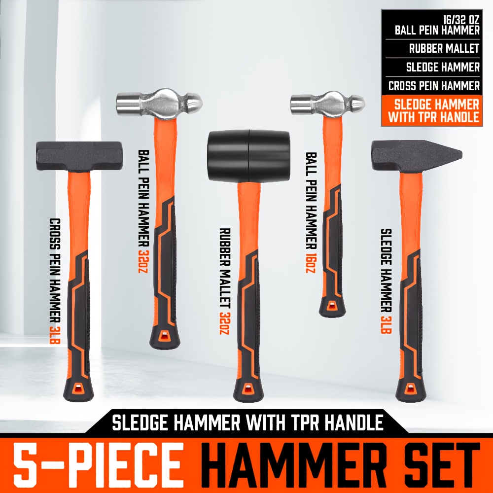 TEMU 5pcs Hammer Set, 16oz Ball Pein Hammer | 32oz Ball Pein Hammer | 32oz Rubber Mallet | 3lb Hammer | 3lbcross Peen Hammer