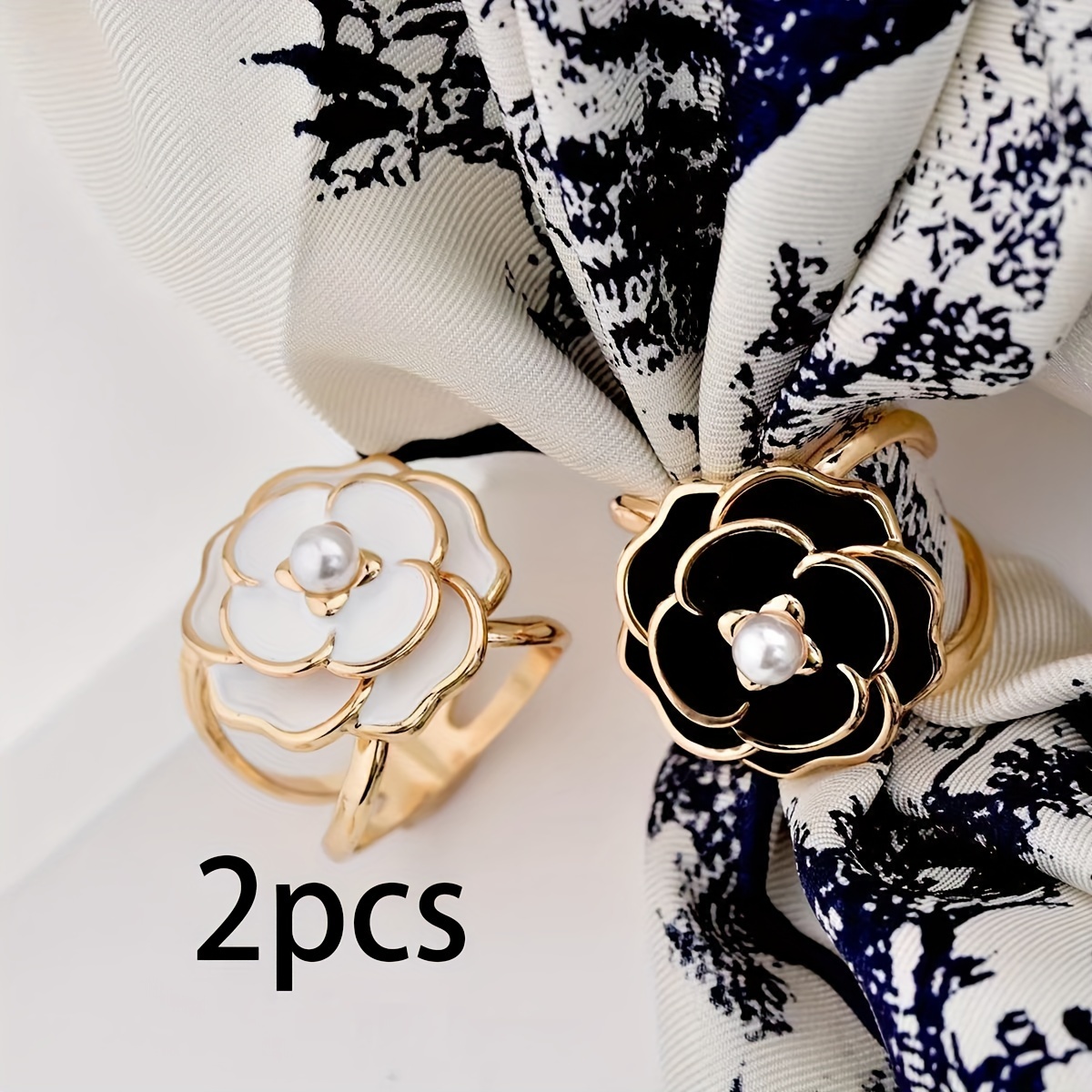 

2pcs Elegant Alloy Scarf Ring Set - Fashion Floral Scarf Clip With Pearl Accent, Yarn-dyed Metal Scarf For Women, Hand Washable - Decorative Scarf Accessory For Weekend Casual Wear