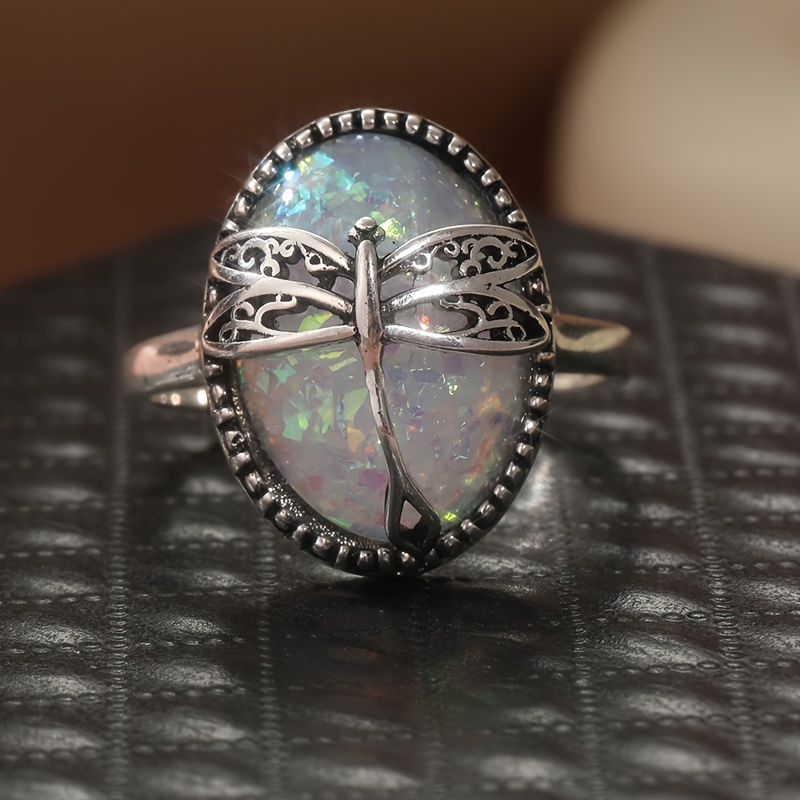 Tzliwen Big Artificial Opal Treasure Dragonfly Ring For Women