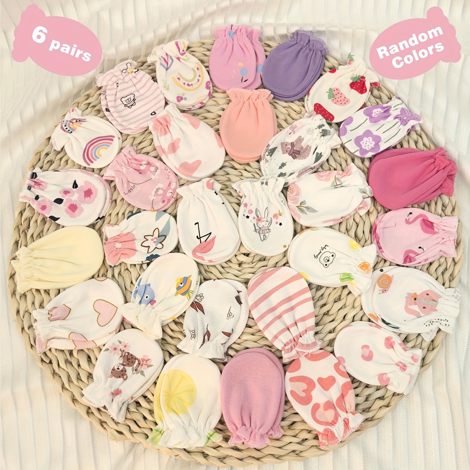 6 Pairs Of Random Color Combinations -friendly Gloves Suitable For Newborns With Covers Suitable For 0-3 Months