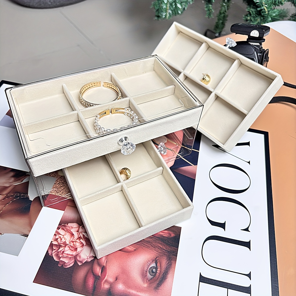   organizer box with beige gray elegant desktop storage case with clear lid multiple compartments slots for rings necklaces bracelets durable plastic construction for   boutique perfect gift for christmas valentines weddings no assembly needed home decor accessory stylish display polished   bridal accessories jewelry boxes Product details 13