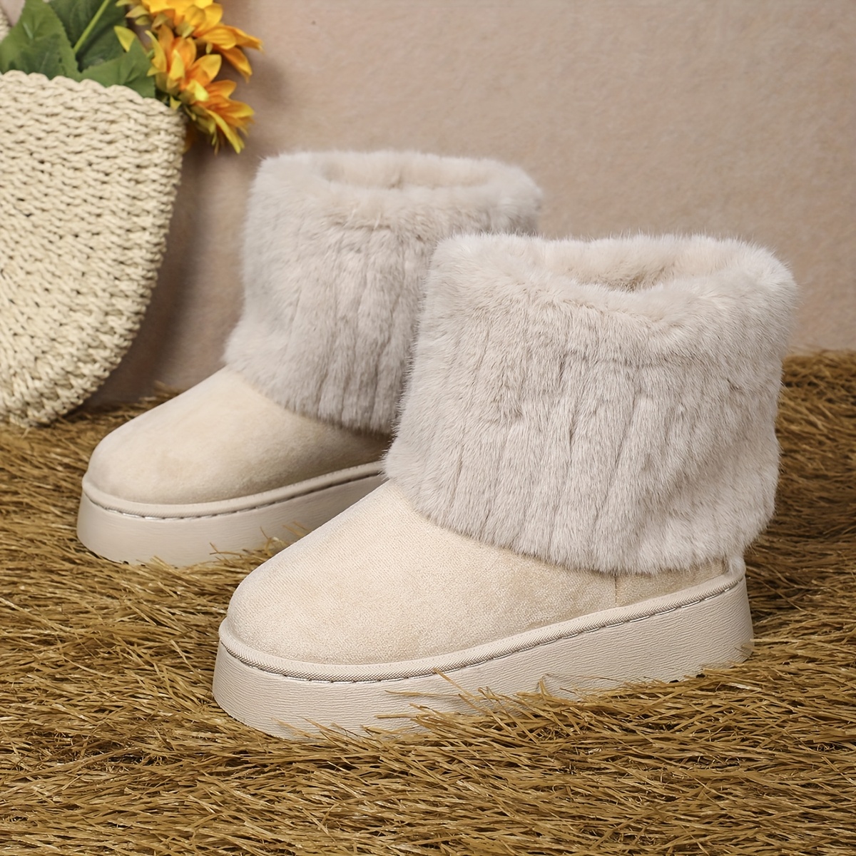 TEMU Plush Thickened Short Boots With Fold-over Design, Comfortable And Warm Snow Boots