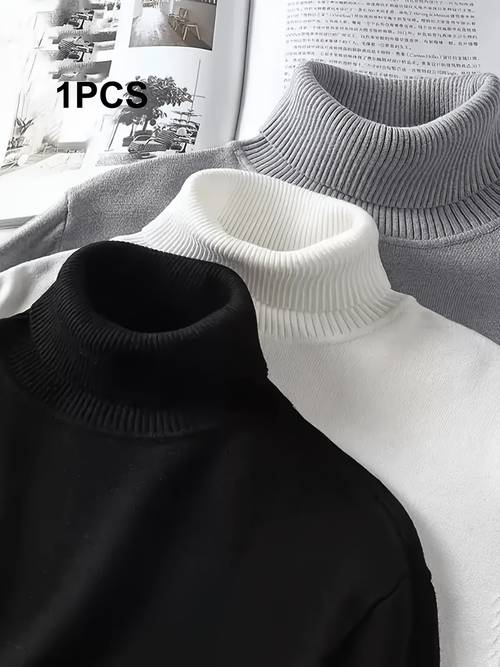 early autumn mens classic solid color sweater high neck design for soft and snug texture elastic ribbed cuffs and hem fit around the wrists and waist
