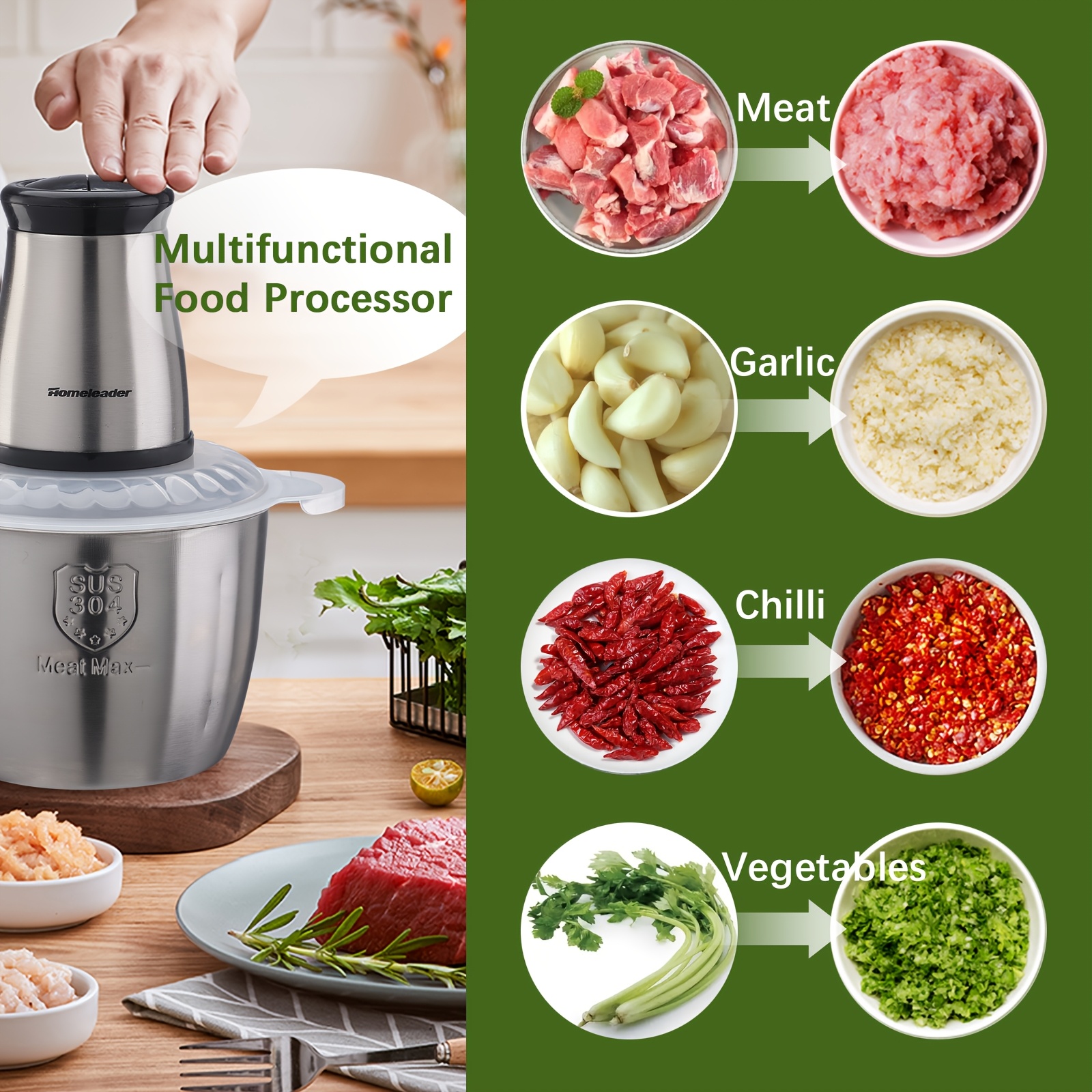  electric food chopper 4 stainless steel dual bowl multi purpose meat vegetable grinder detachable compact easy clean household kitchen food processor Product details 7