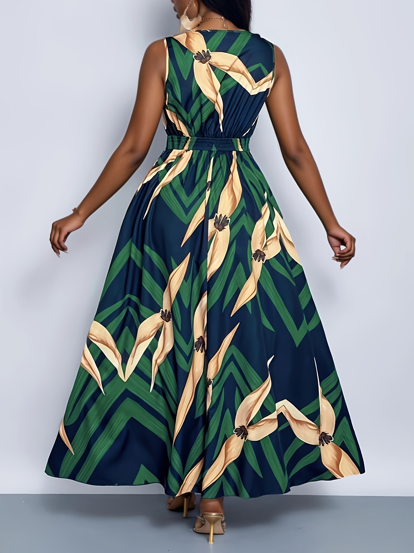 women's tropical floral print deep v neck flared dress a - Temu