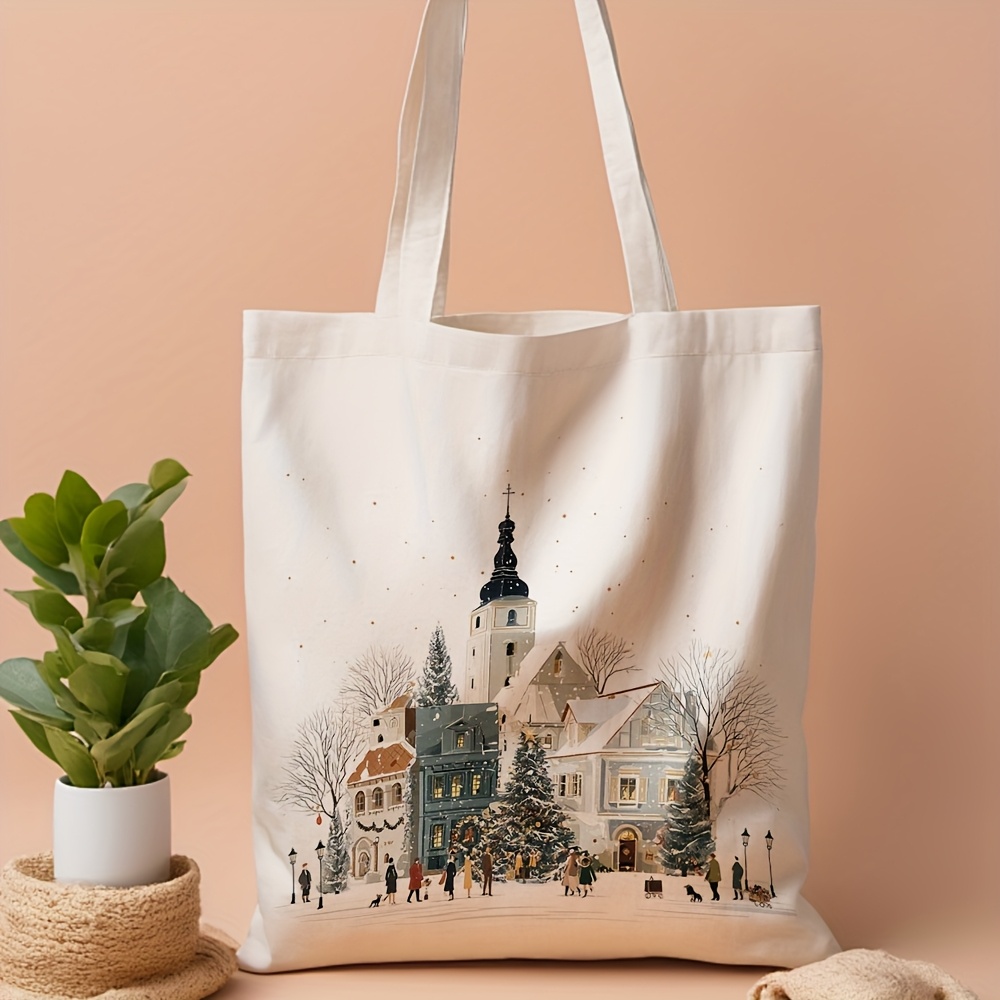 TEMU Festive Christmas Town Illustration Tote Bag, Holiday Shopping And Everyday Use. This Stylish Reusable Shopping Bag Is Great For Commuting And