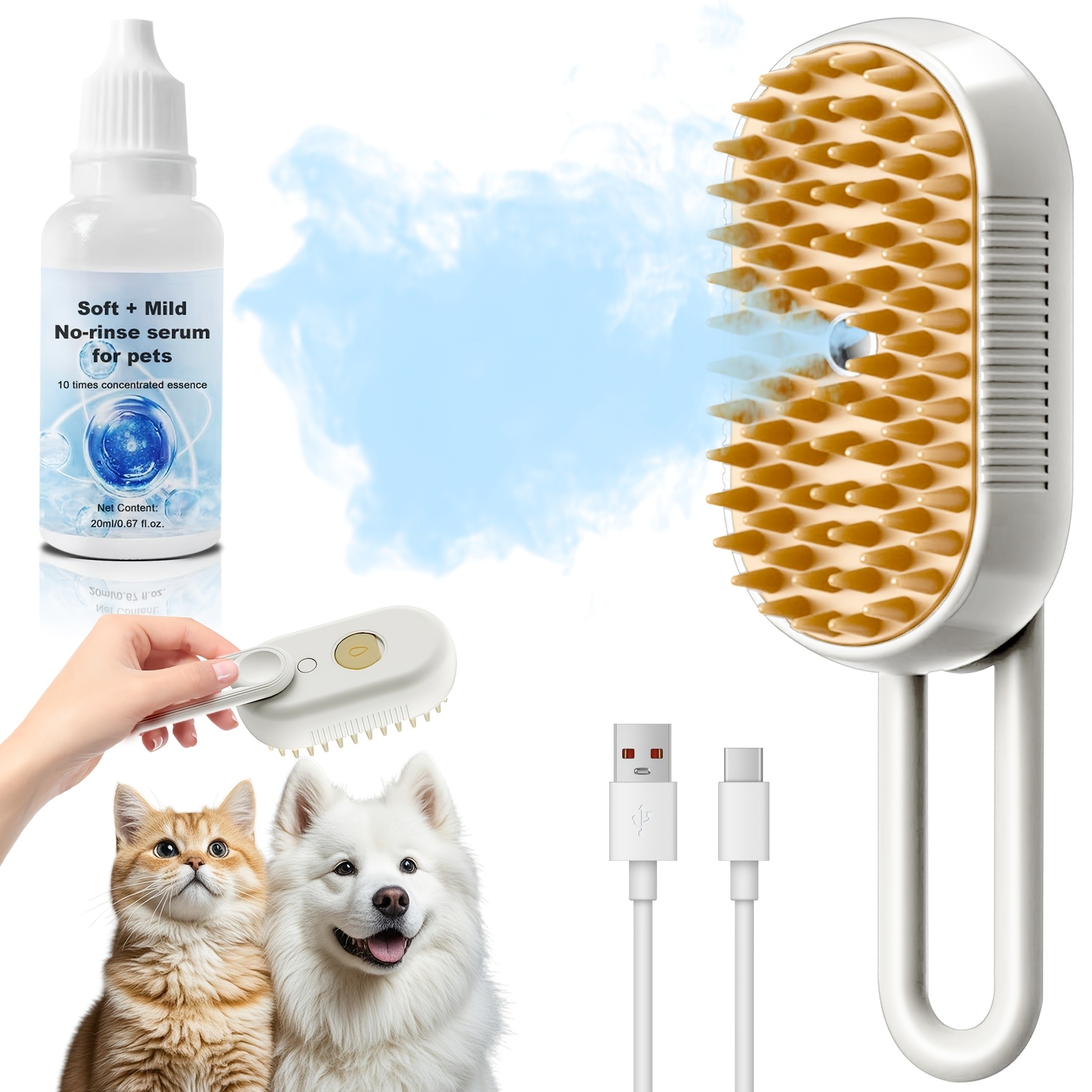 TEMU 2pcs Set Cat And Dog Grooming Set: Pet Steam Brush For Dogs And Cats + 20ml Waterless Shampoo Set; Self-cleaning Pet Steam Brush With 360°
