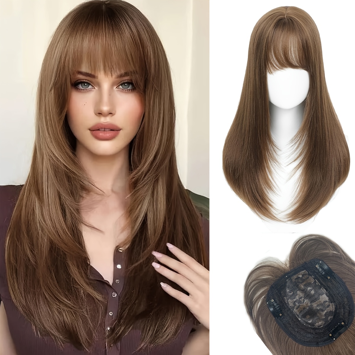 TEMU Postiche pour femme en cheveux synthétiques de 20 pouces ( 51 cm) avec une base et 3 pinces à cheveux, convient aux cheveux clairsemés et à la
