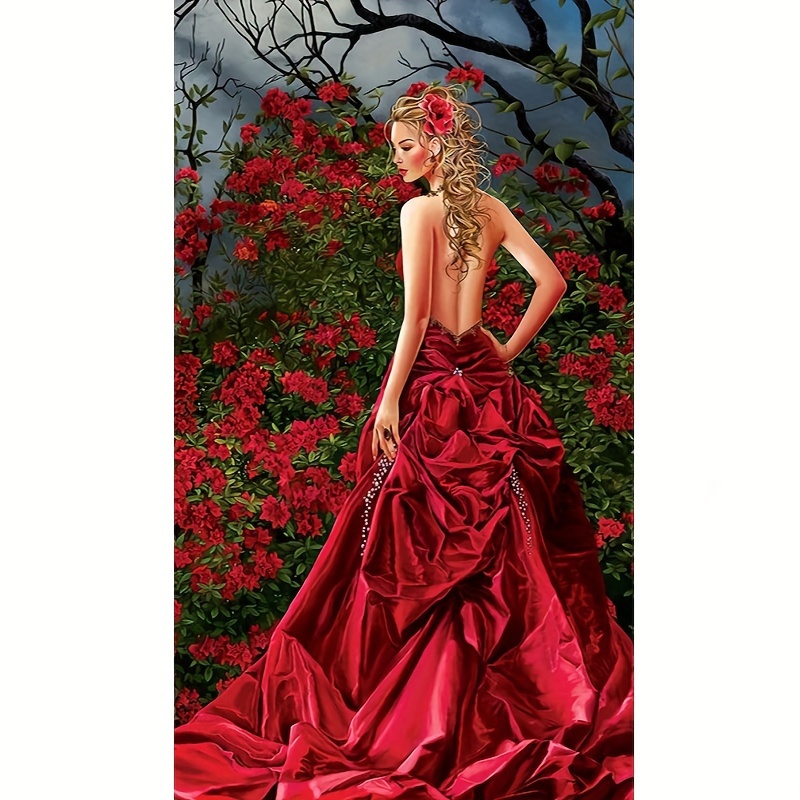 

1pc 5d Cube Diy Round Diamond Art Painting With Full Diamonds, Featuring A Beautiful Lady In A Red Dress. This Diamond Cross-stitch Hanging Painting Is Suitable For Beginners