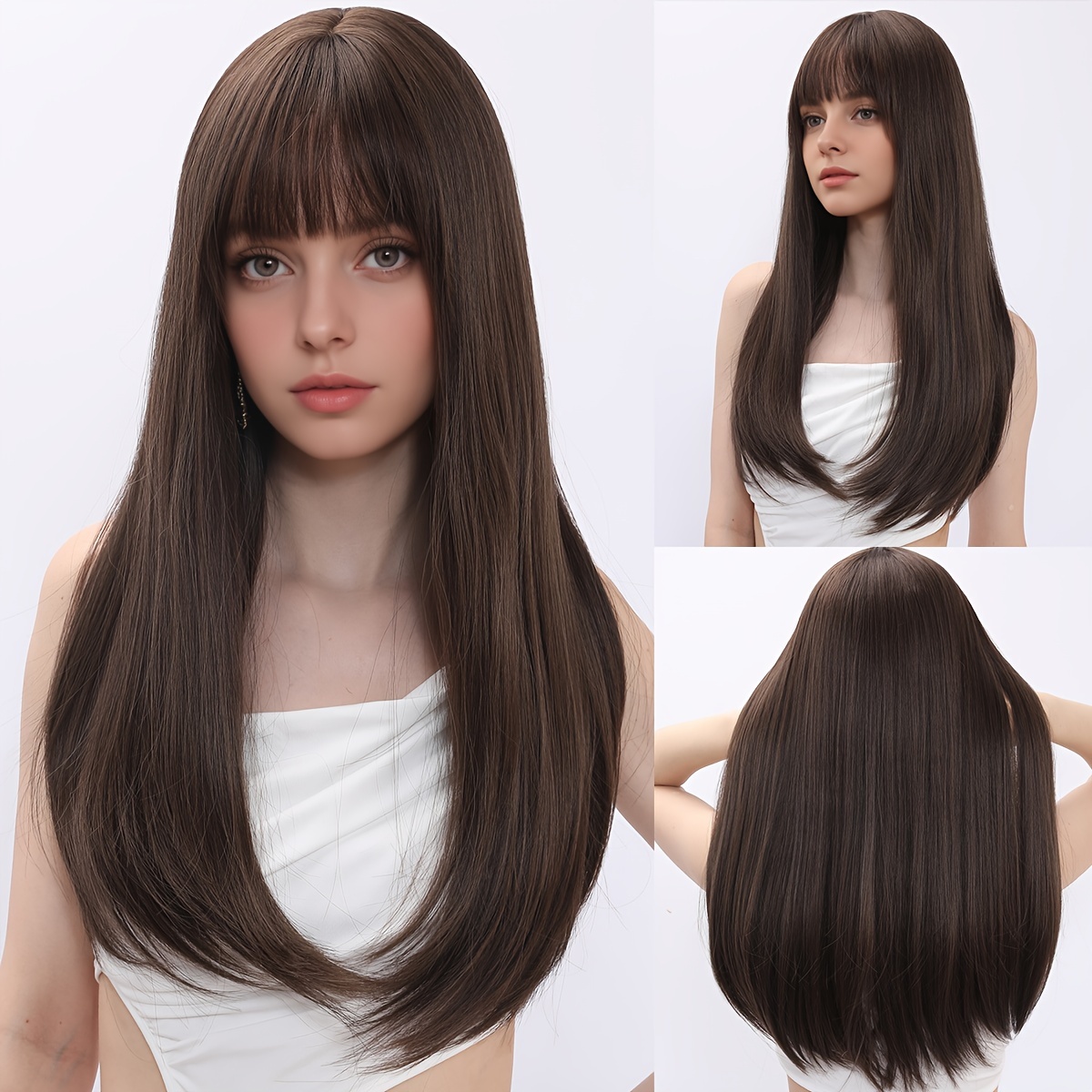 

Elegant Ladies Charm Dark Brown Bangs Wig - Heat Resistant, Easy To Shape, Natural And Full, With A Comfortable Rose Mesh Hat, Suitable For Daily And Various Activities (24 Inches)