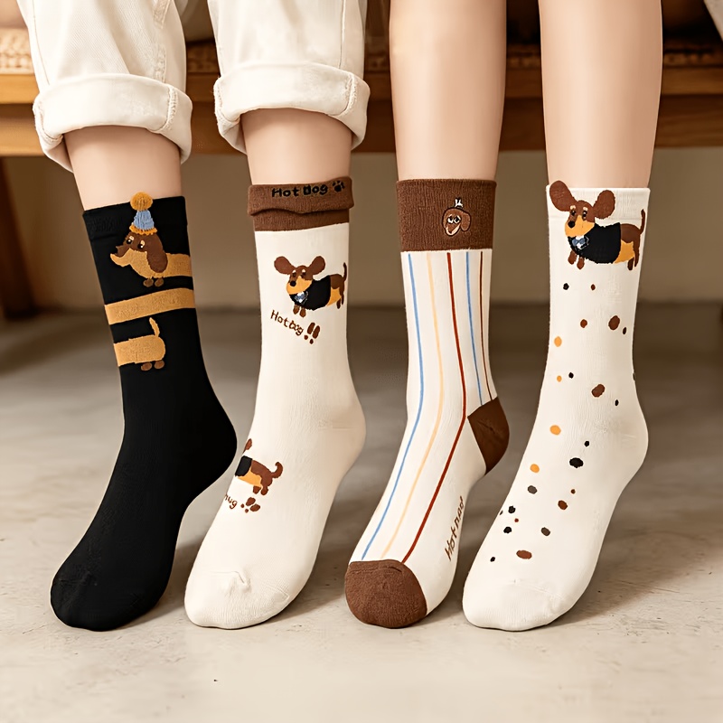 TEMU Lot aléatoire de 4 paires de chaussettes pour femmes, motif chiot de dessin animé, chaussettes , style automne-hiver, couleur unie, chaussettes