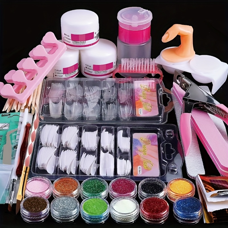 TEMU Acrylic Nail Art Set, 12pcs Glitter Powder, Tips, Decoration, Diy Nail Art Tools And Supplies, Suitable For Beginners