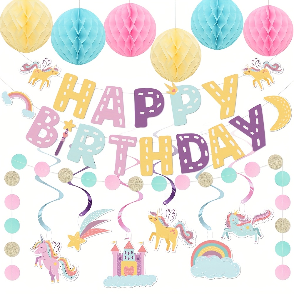 Image of 14pcs Unicorn Birthday Party Decorations Set, Including Happy Birthday Banner, Round Banners, Hanging Swirls, And Paper Flowers – Perfect For Unicorn-themed Party Decor