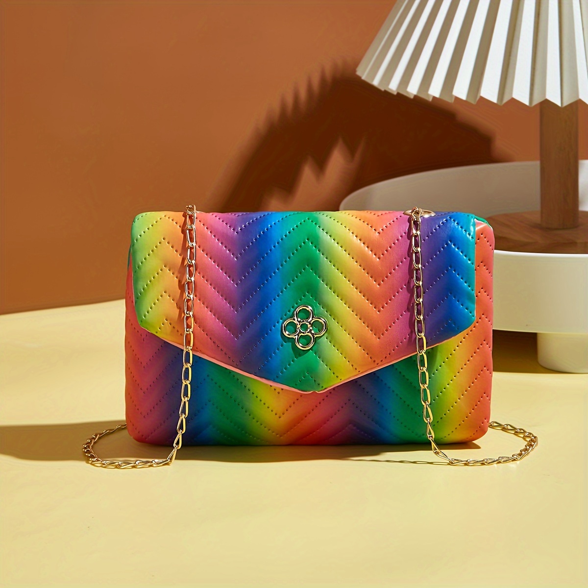 

Trendy Women's Rainbow Stripe Quilted Mini Crossbody Bag With Embroidered Detail, Colorful Bag For Wedding And Party Outfits(7''x 4.3'')