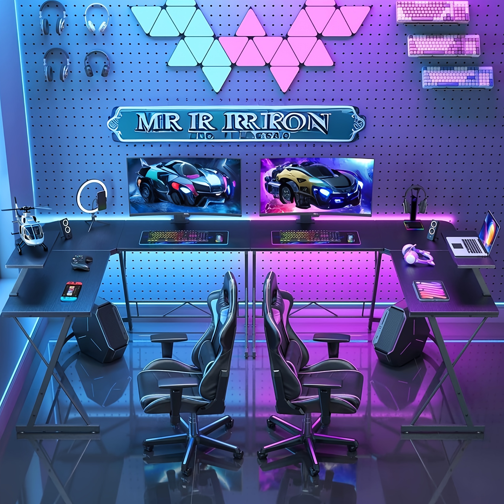 Mr IRONSTONE 51 Inch L-Shaped Gaming Desk with Display Stand-like Top (Compatible with PC/Laptop/Tablet) - Heavy-Duty Metal Frame & X-Legs, Easy Assembly Computer Table for Home Office, Esports Setup, Corner Desk, No Wood, Black (Game