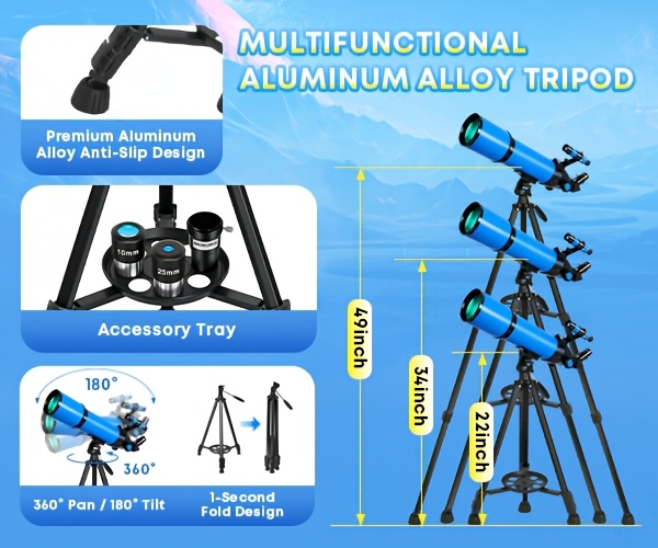 80mm Großöffnungs-Refraktor-Teleskop 180x HD, 600mm Brennweite, 24x-180x Zoom für Sternenbeobachtung Mondbeobachtung. Inklusive Handy-Adapter, Stativ, Barlowlinse, Sucherfernrohr, Mondfilter tragbarer Tragetasche. Ideal für Erwachsene, Studenten Astronomie-Anfänger. Perfekt für Weltraumforschung