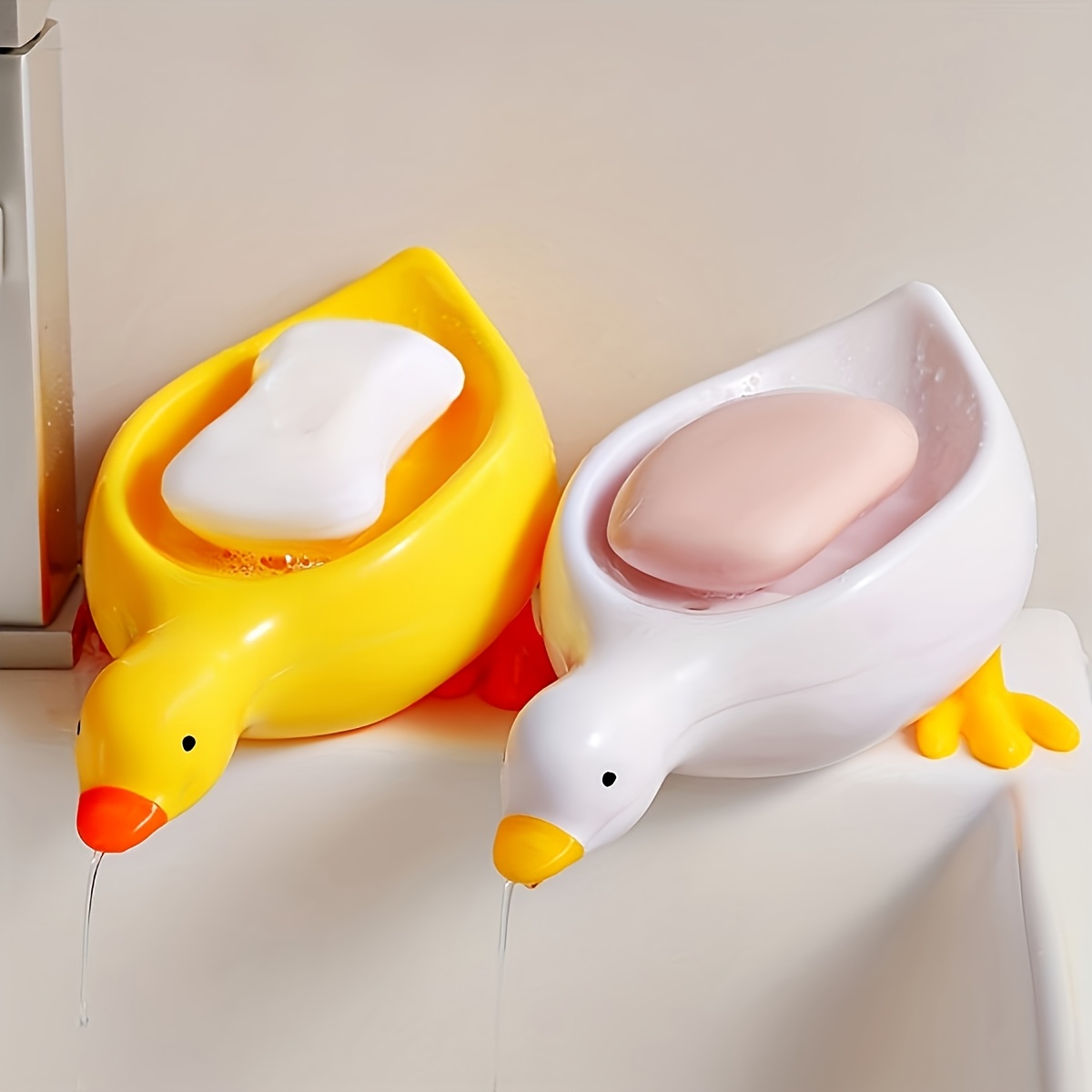 

Duck-shaped Soap Dish With Self-draining Feature - Oval Tray, White With Yellow Accents | Multifunctional Bathroom Accessory For Dry, Clean Soap, Soap Bar Holder