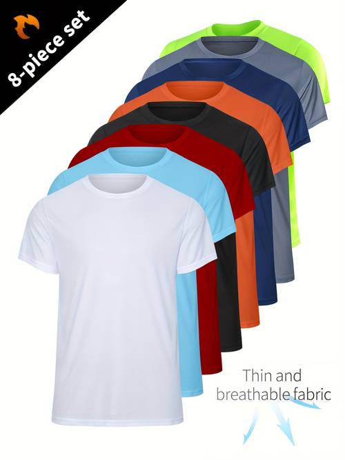8 pack mens short sleeve t shirts quick dry lightweight tee solid color polyester stretch fabric crew neck knit pullover