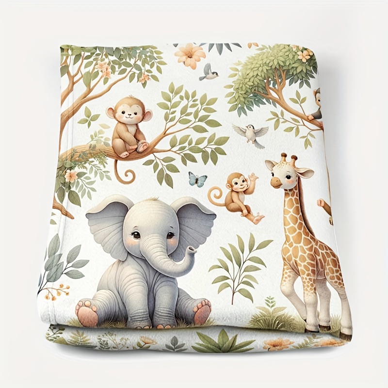 Watercolor Jungle Elephant and Giraffe Flannel Blanket