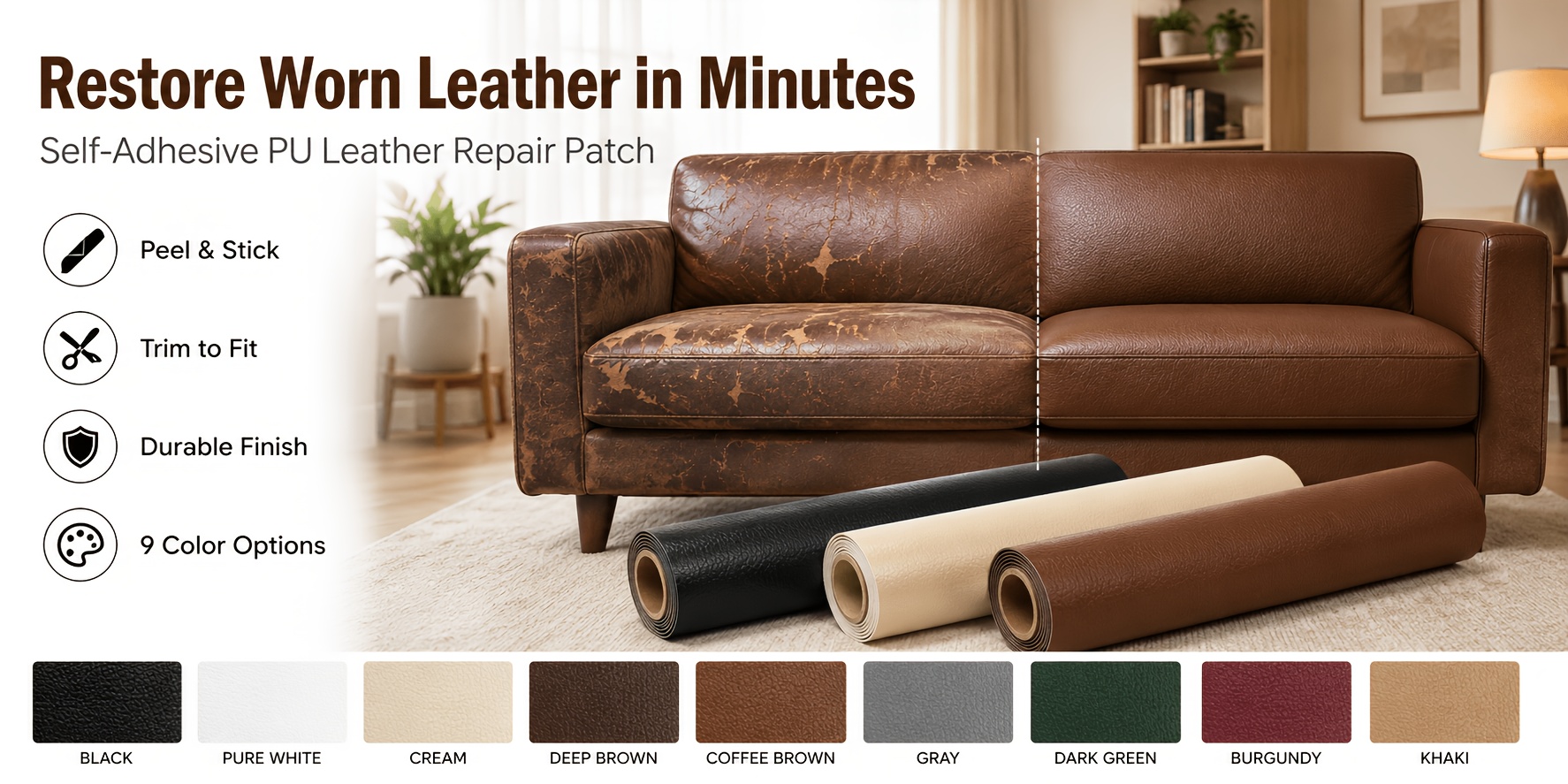 1 Roll Self-Adhesive Leather Repair Patches, Multicolor Leather Sofa Repair, Car Seat Damage Repair Stickers, Thickened Wear-Resistant And Freely Cuttable, Self-Adhesive Backing Suitable for Leather Sofas, Chairs, Headboards