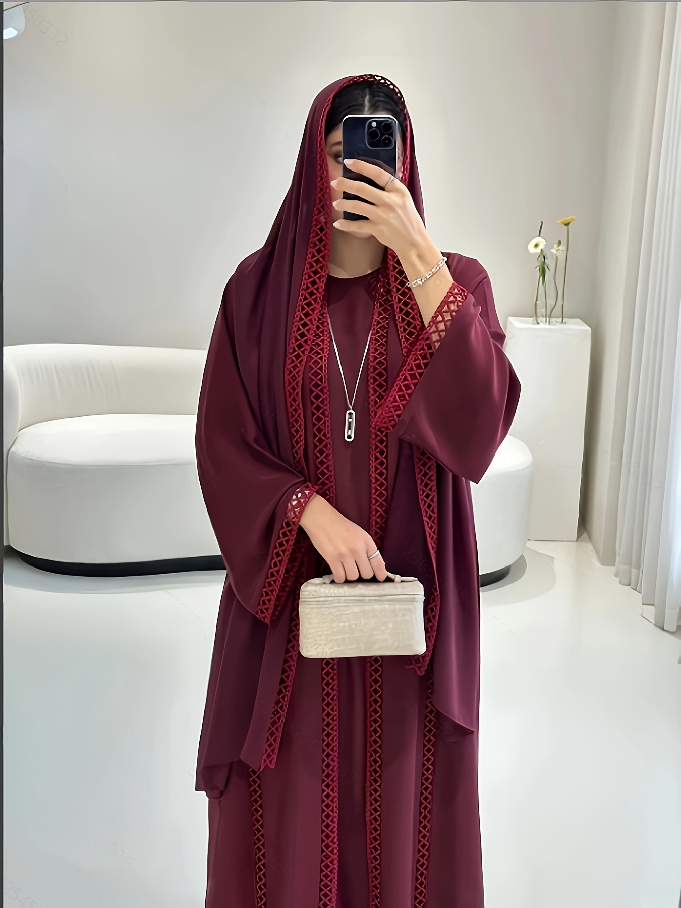 Open Abaya Set with Lace Trim, Sleeveless Inner Dress And Chiffon -  Lightweight, Modest And Breathable, Suitable for Spring And Summer