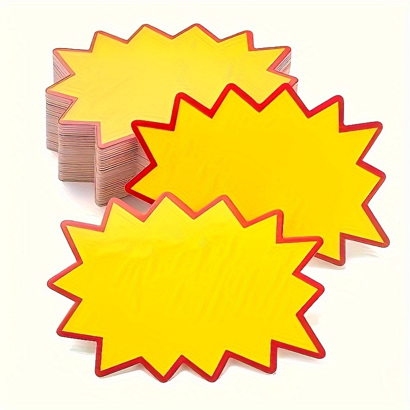 

A Set Of Star-shaped Yellow Price Tags For Explosives, Measuring 2.75 By 1.97 Inches, Blank For Retail Use, Ideal For Grocery Stores, Supermarkets, And , Made From Sturdy Paper.