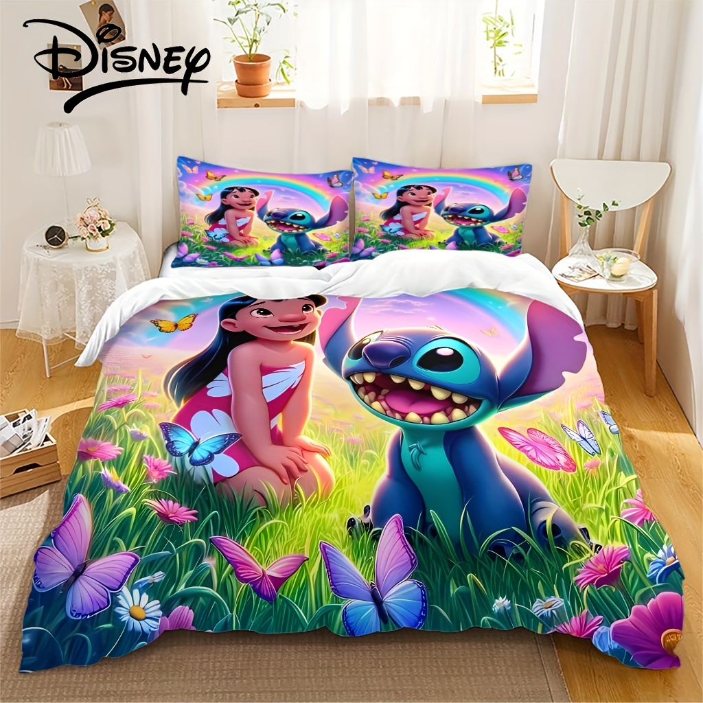 

3pcs Disney & Stitch Cartoon Bedding Set, Polyester Fabric, , Zipper Closure, , Machine Washable, With 1 Quilt Cover And 2 Pillowcases For Anime Themed Bedroom Decor