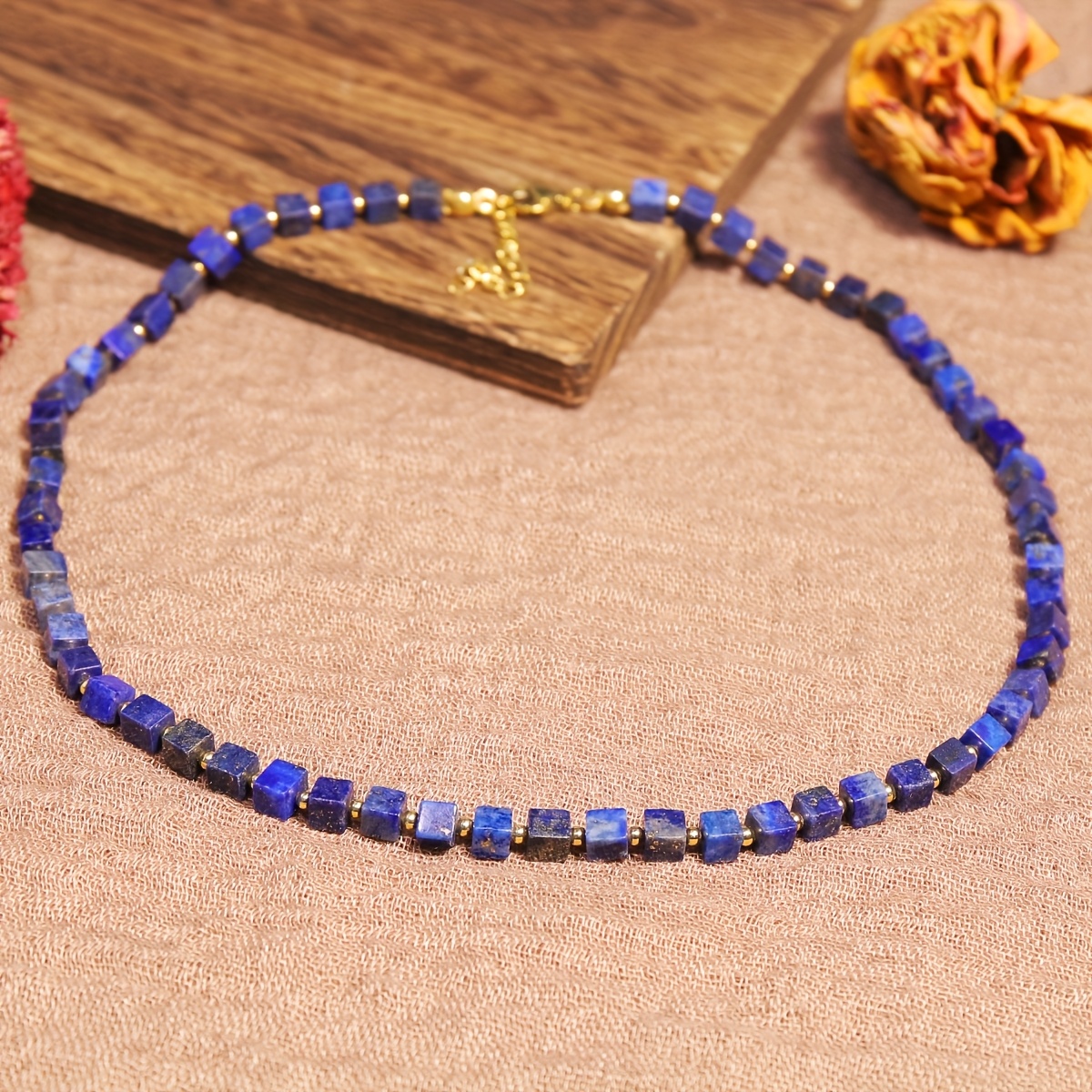 TEMU Handcrafted Lapis Beaded Choker Necklace - Elegant Square Pendant, Golden-tone Accents, Bohemian Style, & Gifts, December Birthstone Jewelry