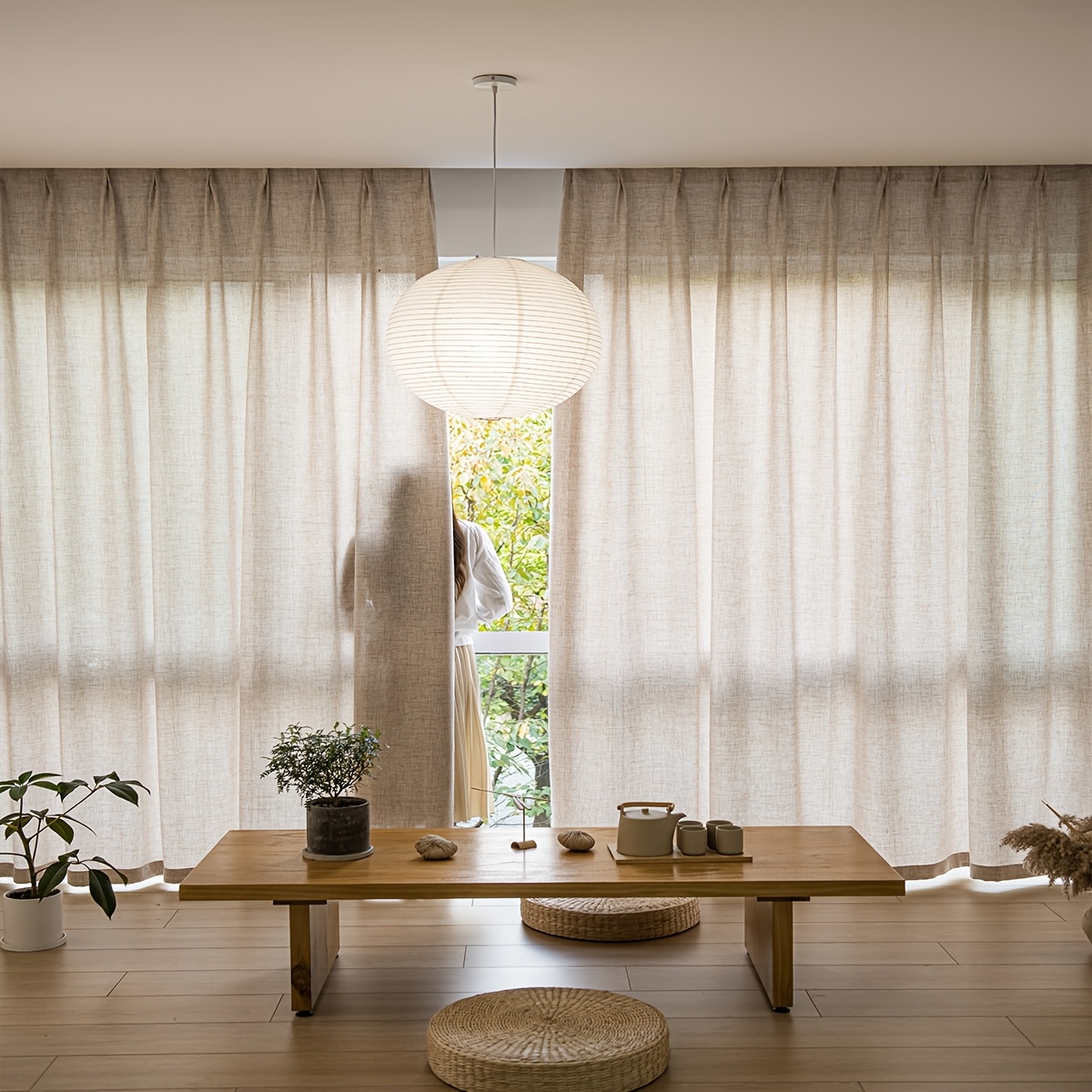 TEMU 2pcs Rideaux Voilages en Laine de Lin Couleur Unie Japonaise, Rideaux Filtrants Décoratifs Style Lin Beige Facile avec Tringle, Rideaux Lin,